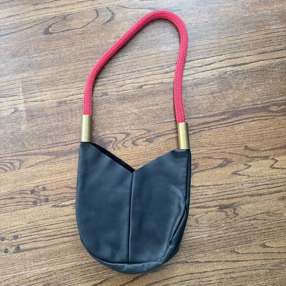 Wildwood Oyster Co Black Leather Crossbody red rope strap small tote bag purse - Picture 3 of 4